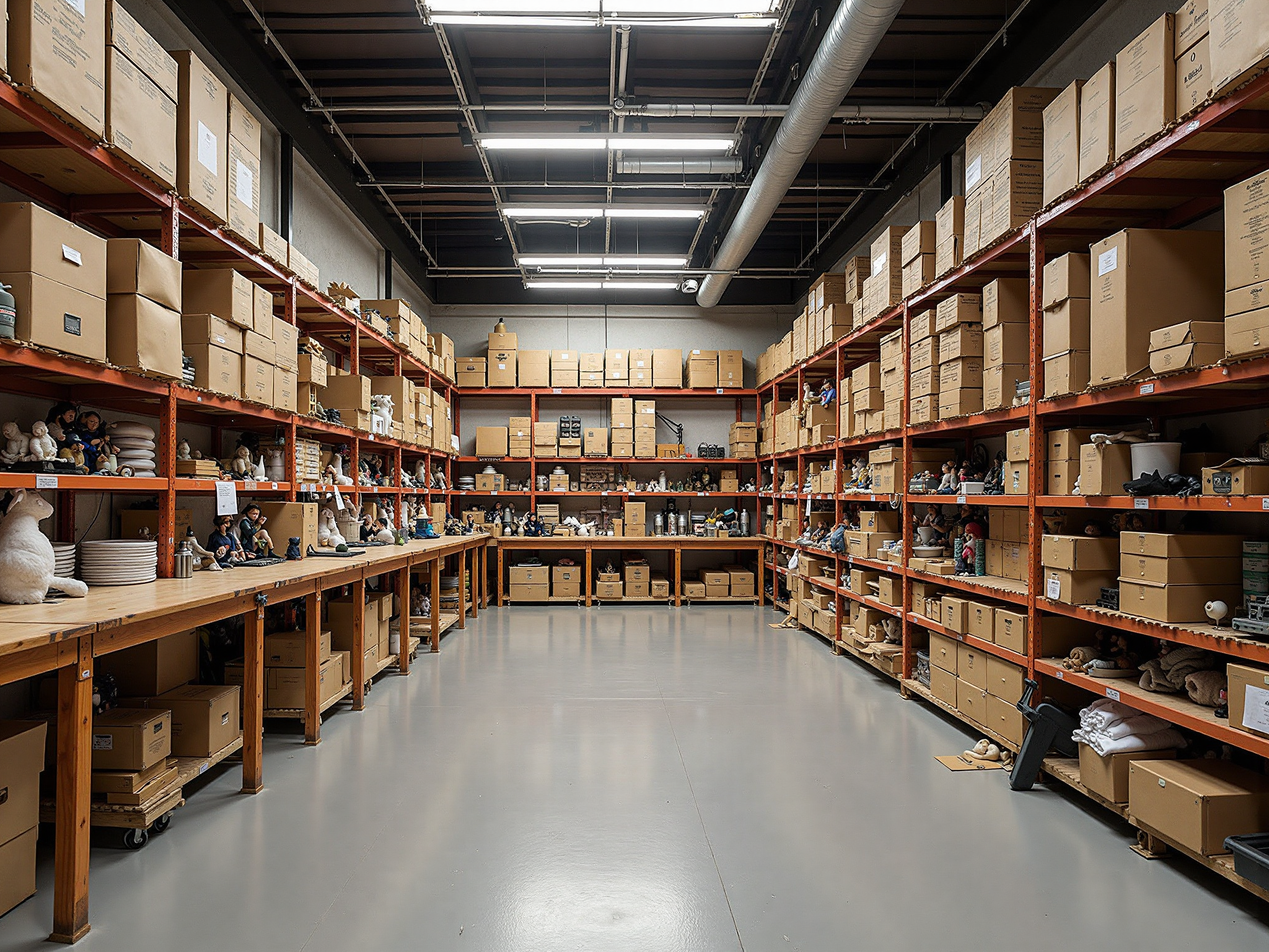 Interior of a large storage warehouse with high shelving and a wide door opening