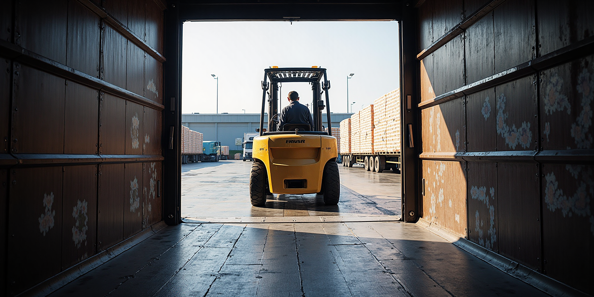 Forklift carrying pallets through a warehouse aisle