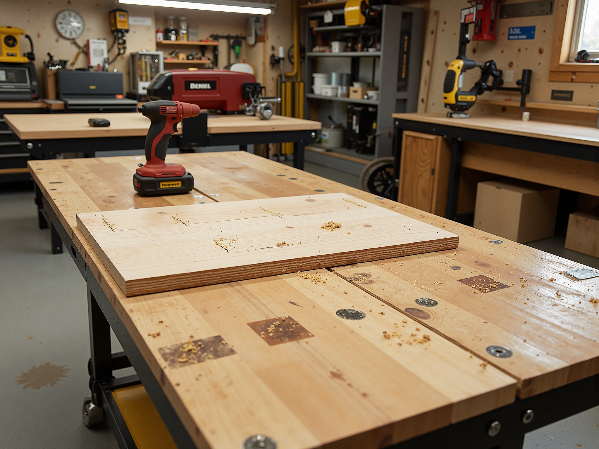 Assorted hand tools laid out on a workshop bench