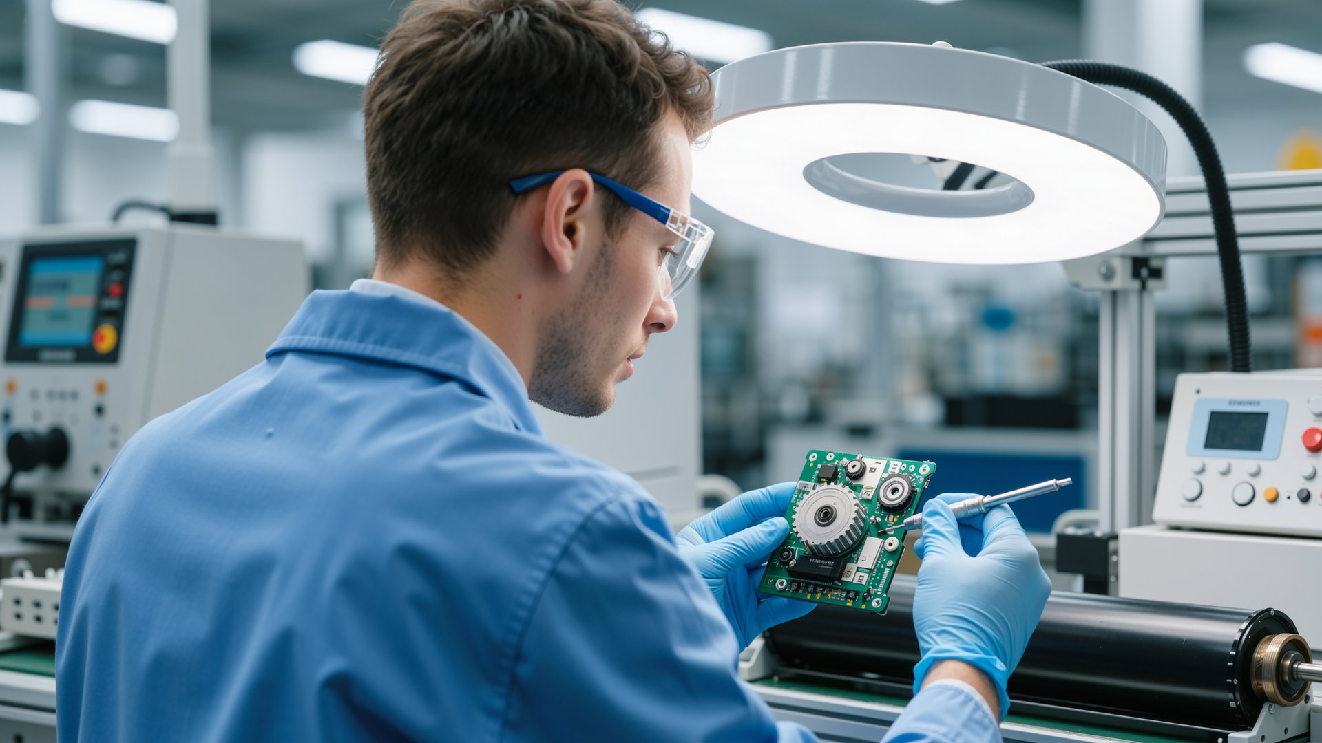 Control board and motor of a door operator being inspected in the workshop