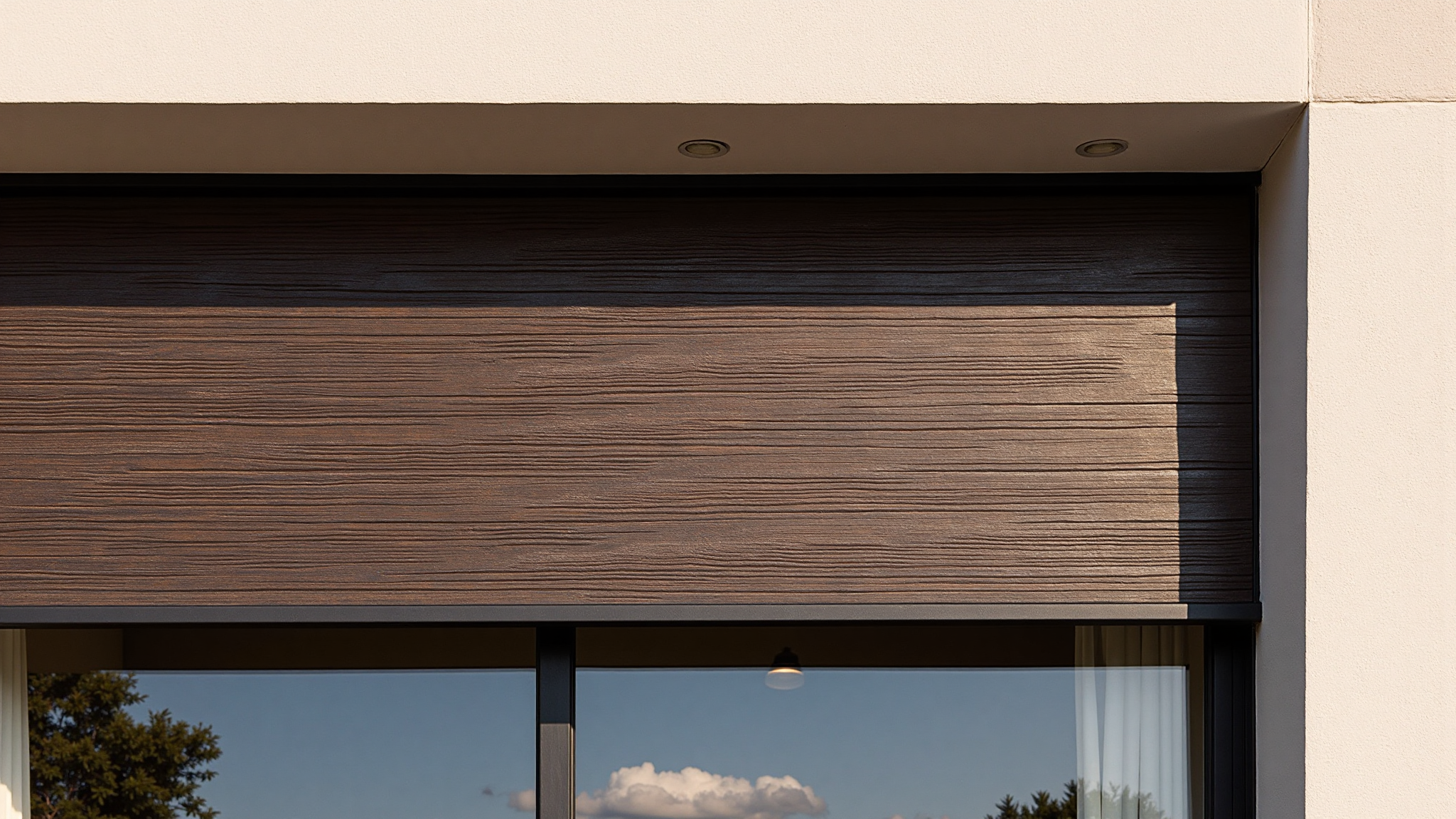 An overhead sectional door shown in the open position at a garage entrance