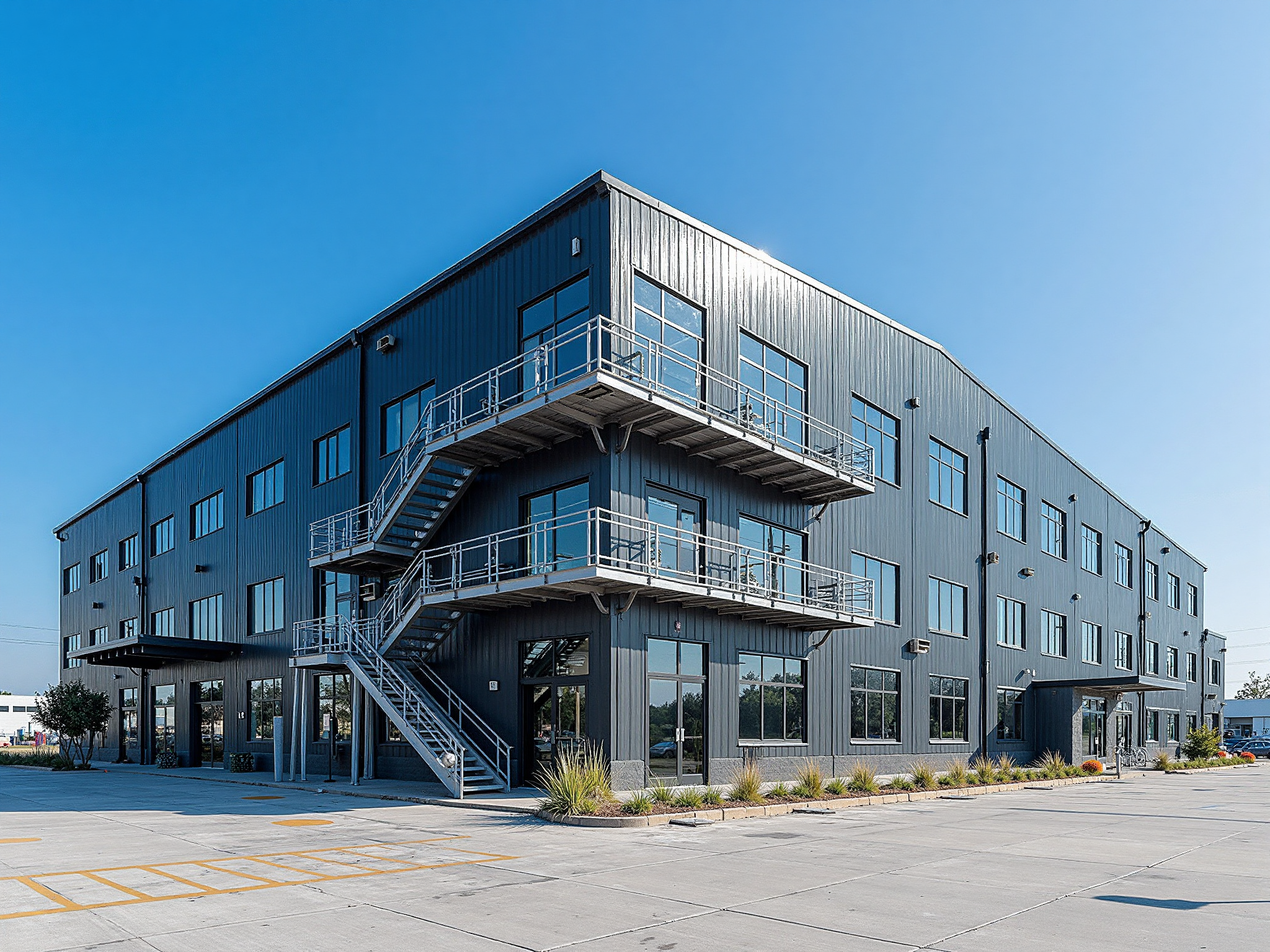 An industrial building with large sectional doors along its facade