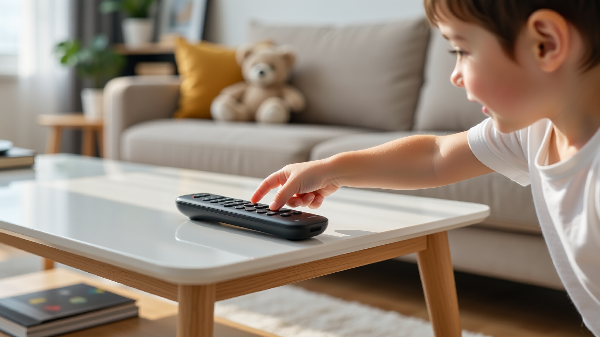A handheld remote control resting on a flat surface