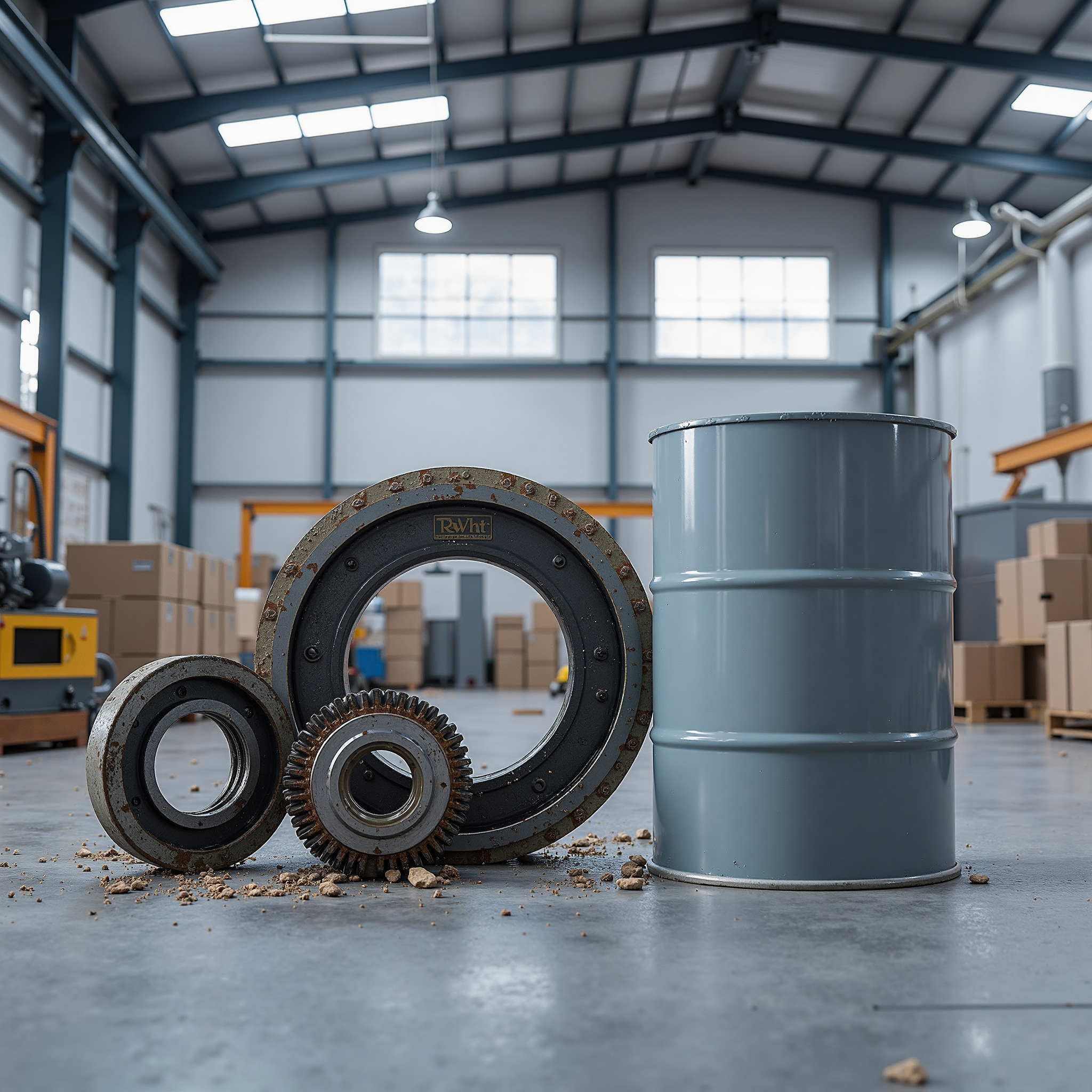 Small metal machine components laid out on a workshop surface
